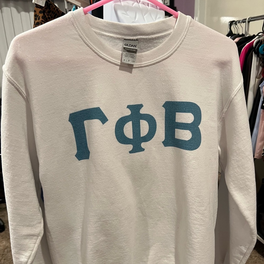 Sorority Gamma Phi Beta white crewneck sweatshirt with Greek lettering